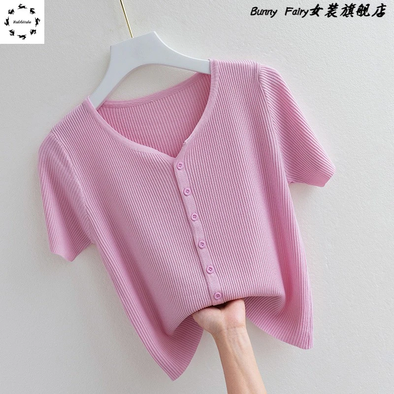 新款夏装冰丝圆领短袖T恤女2025薄款韩版修身针织开衫粉色上衣女