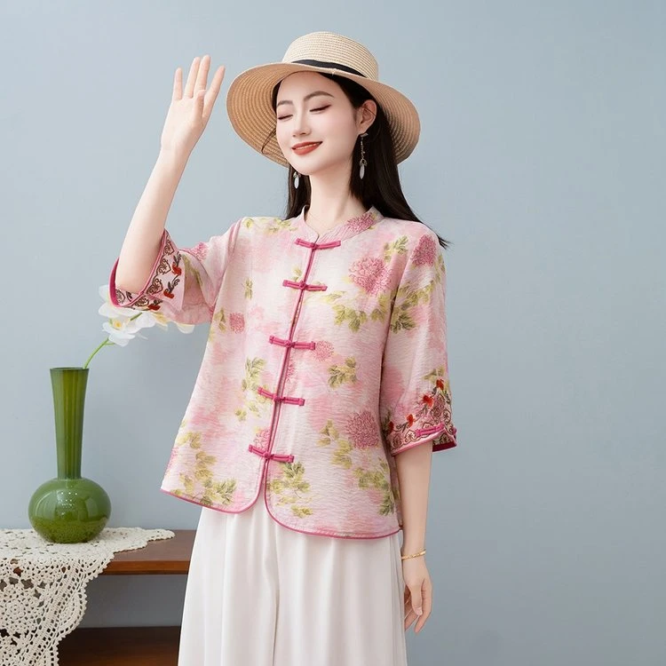 妈妈装薄款中老年女装民族风盘扣大码宽松刺绣中国风旗袍立领