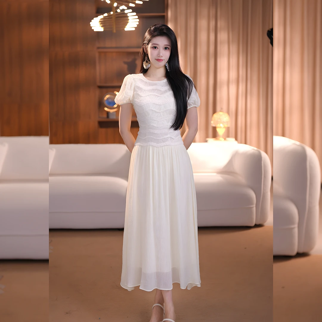 【俊俊】杏雾凝纱轻奢夏季法式优雅蕾丝小众气质显瘦仙气连衣裙