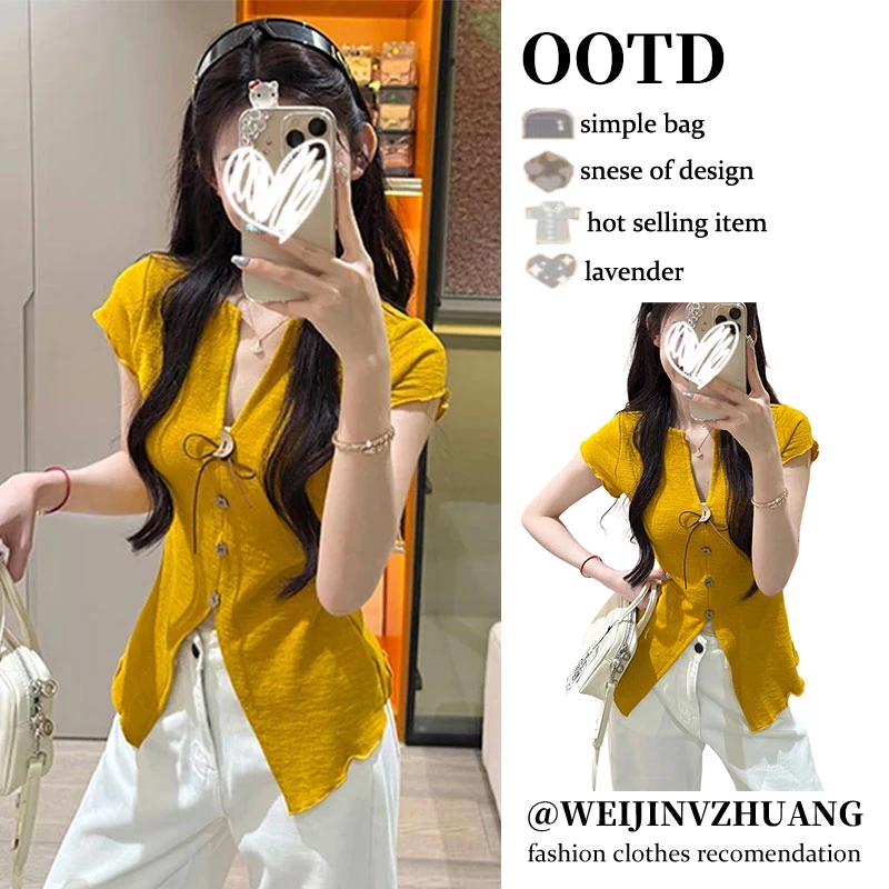 法式V领系带正肩短袖T恤女夏季设计感小众修身短款多巴胺穿搭上衣