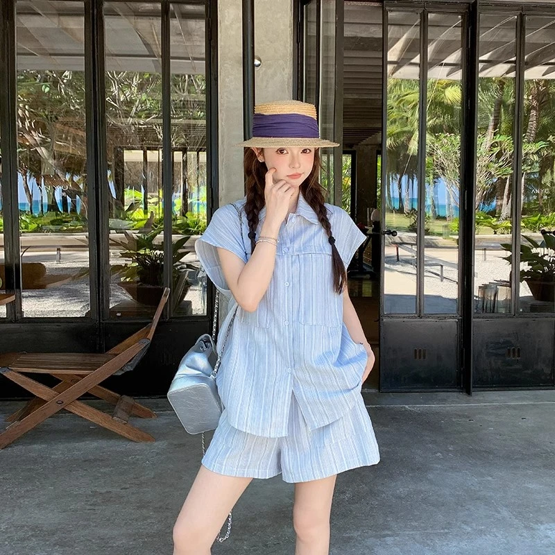 活泼条纹短袖衬衫女夏季套装女夏女装夏装套装纯欲慵懒风女装显瘦