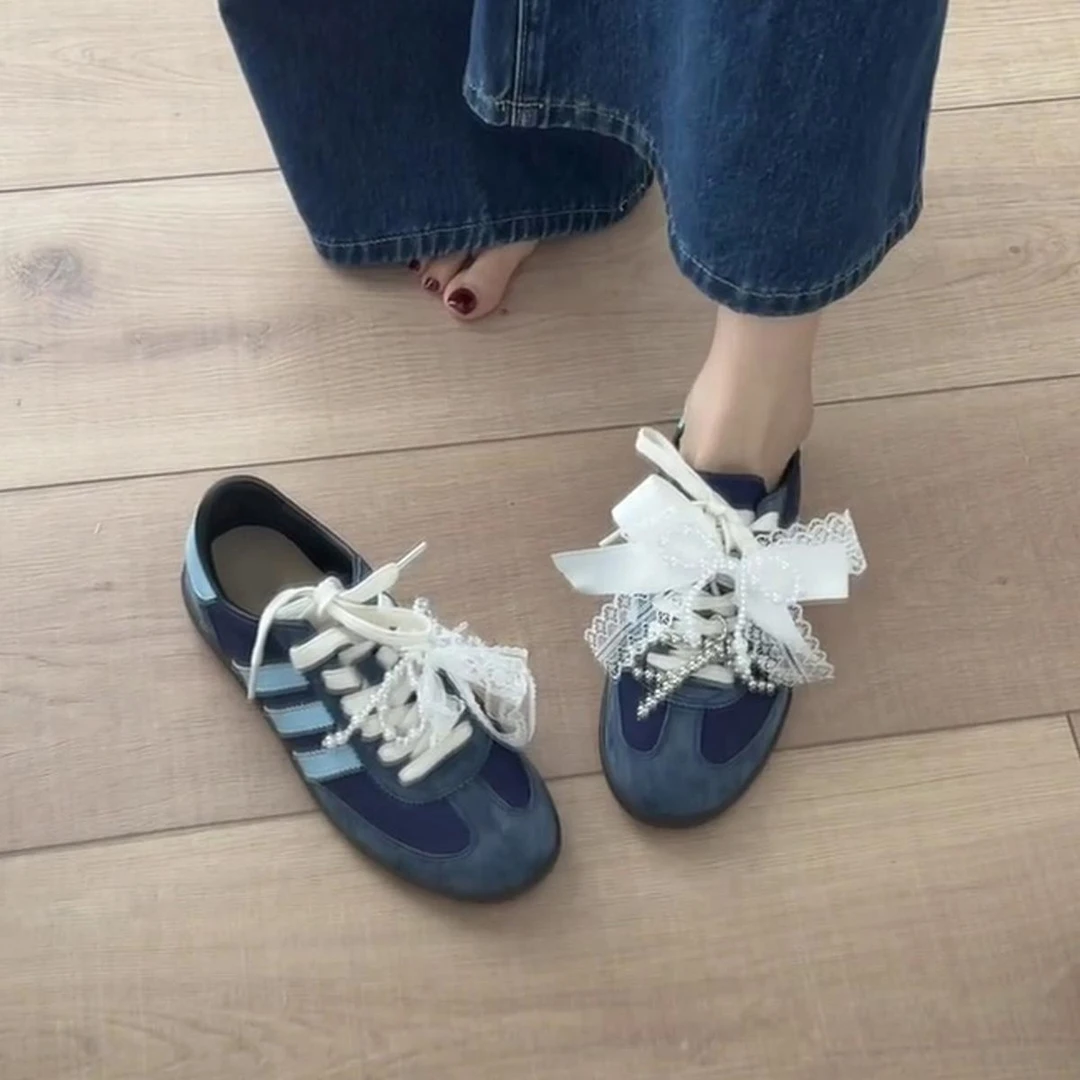 超软版~厚底蕾丝蝴蝶结复古德训鞋百搭休闲运动鞋系带阿甘鞋板鞋