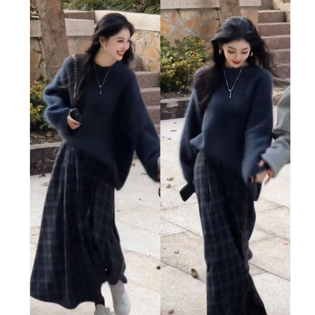 2025秋季新款时尚气质慵懒风宽松休闲气质毛衣半身裙两件套