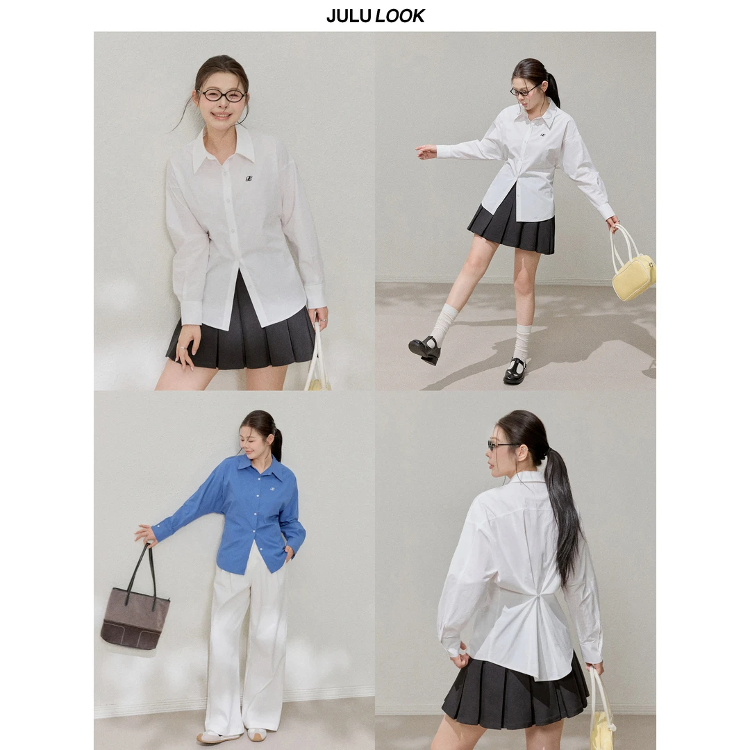 巨鹿工作室“少女与诗人”微胖mm设计感后背系扣收腰衬衫大码上衣