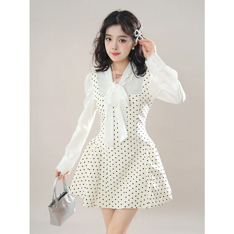 法式复古波点拼接假两件连衣裙女春季2025新款高级感收腰长袖裙子