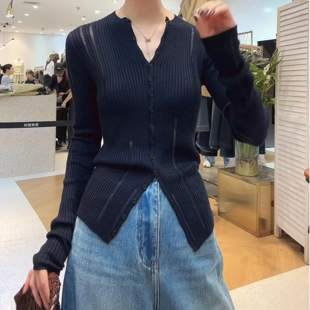 简约高级～2025秋季新款修身显瘦上衣设计感单排扣显瘦长袖针织衫