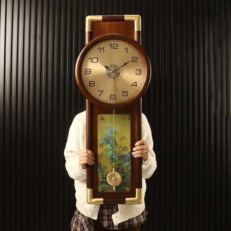 新中式实木挂钟家用装饰创意壁钟中国风大厅玄关石英钟个性静音表