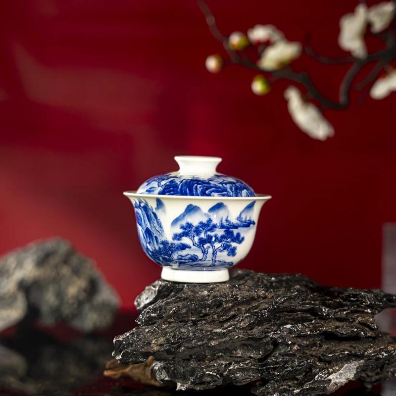 【墨舍柴窑】墨舍柴窑山水工笔盖碗 moshe1437