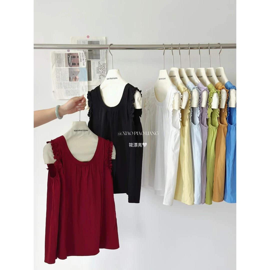 法式夏季正版甜美减龄压褶设计感无袖上衣ins简约百搭背心女2614#