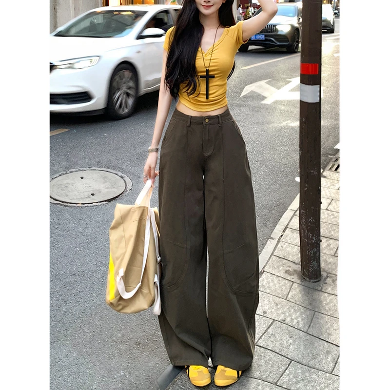 咖绿色复古弯刀阔腿裤女2025年秋季新款高腰宽松显瘦休闲拖地长裤