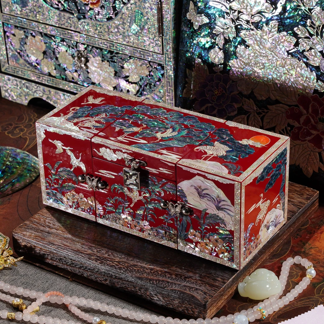仙鹤三开螺钿漆器首饰盒实木结婚礼物送新人新婚陪嫁礼品收纳