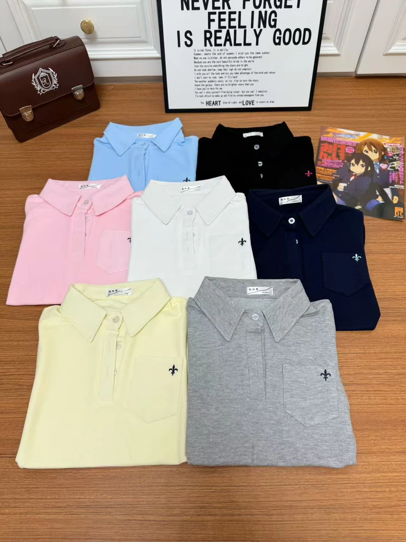 兔纯希JK原创正版POLO衫日系通勤百搭学院风校供收腰刺绣短袖衬衫