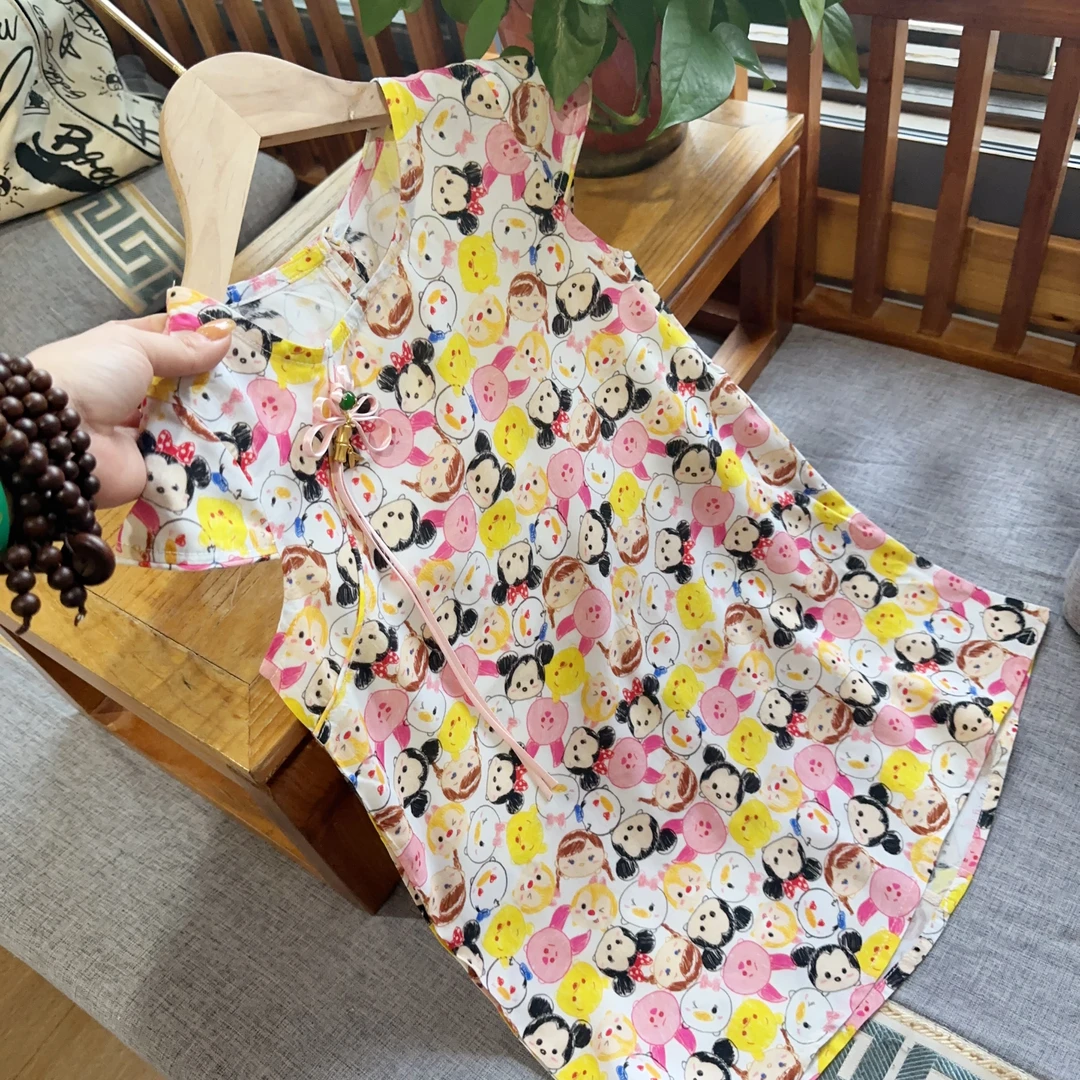 糖豆新圆领国风棉绸旗袍2025夏季国风女童长款印新中式旗袍