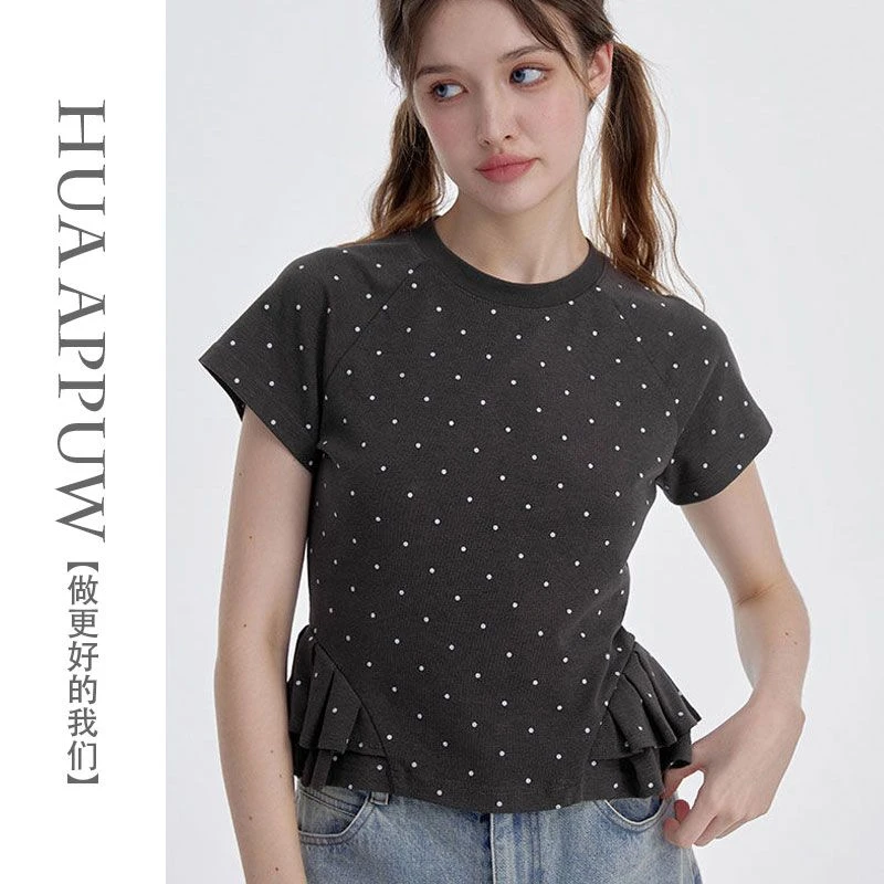 黑色蝴蝶结印花波点短袖t恤女夏日超好看独特漂亮花边短款上衣白