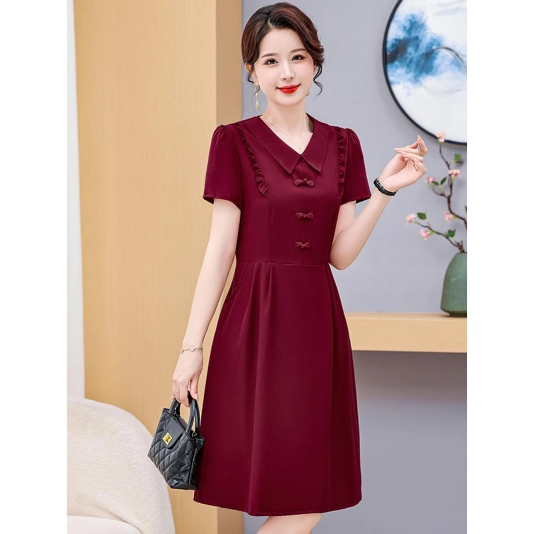 国风妈妈夏装翻领连衣裙酒红色中老年喜婆婆婚宴短袖裙子2025新款