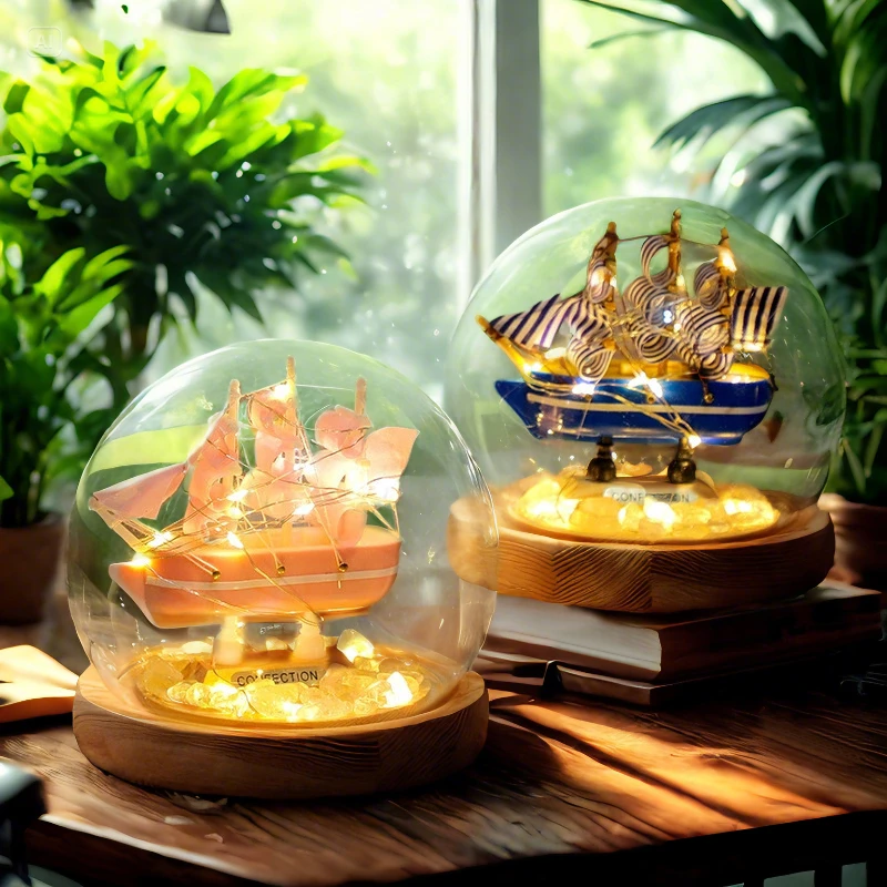 扬帆起航玻璃罩小夜灯创意礼品小惊喜一帆风顺玻璃罩帆船小夜灯