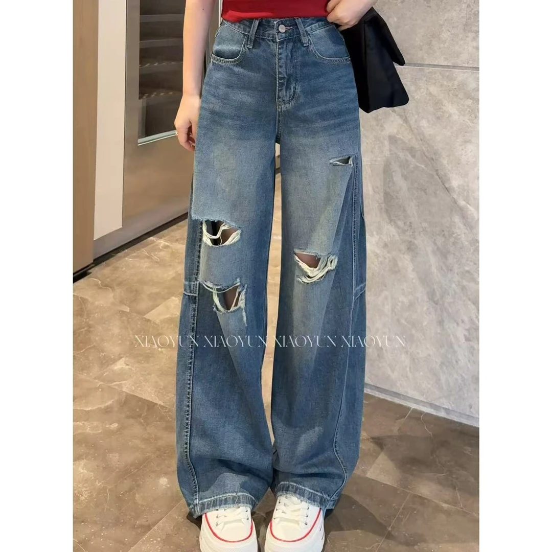 复古破洞牛仔弯刀裤 小允姐姐2025新款气质复古破洞牛仔弯刀裤