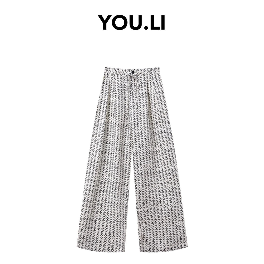 天丝亚麻鱼骨印花显瘦显腿长舒适慵懒抽绳休闲裤阔腿裤