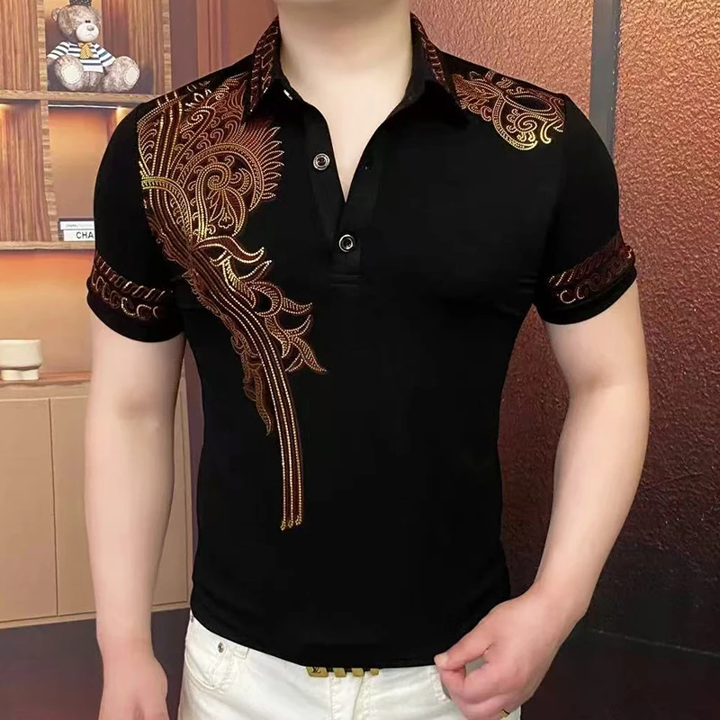 萨尔布勒斯夏季修身时尚欧货男士亮片短袖潮流翻领透气POLO衫上衣