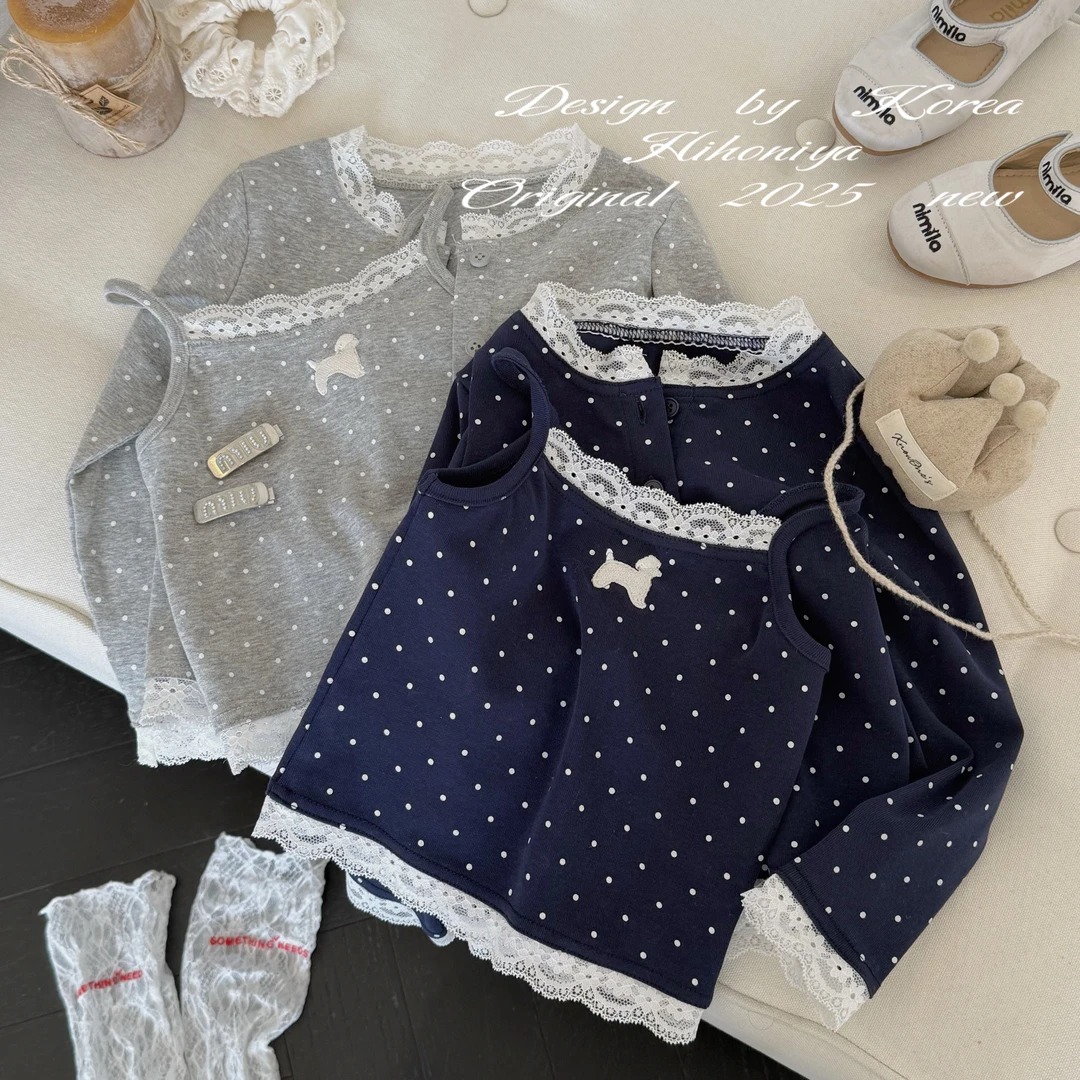 【波点小狗】五Hihoniya~2025春季亲子蕾丝领波点开衫修身韩版套装