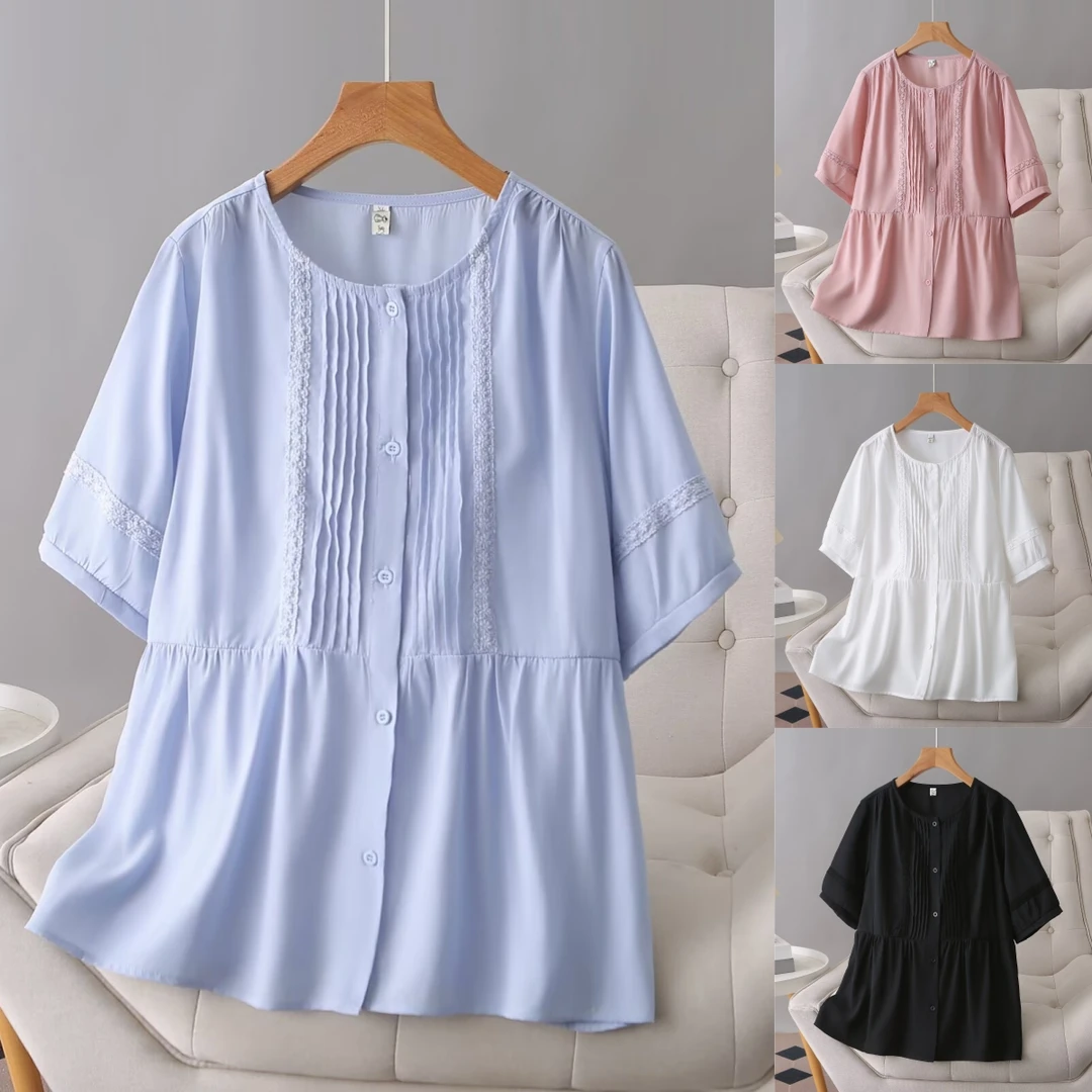 清凉夏季圆领花边拼接微胖mm宽松大码女装短袖衬衫衬衣娃娃衫减龄