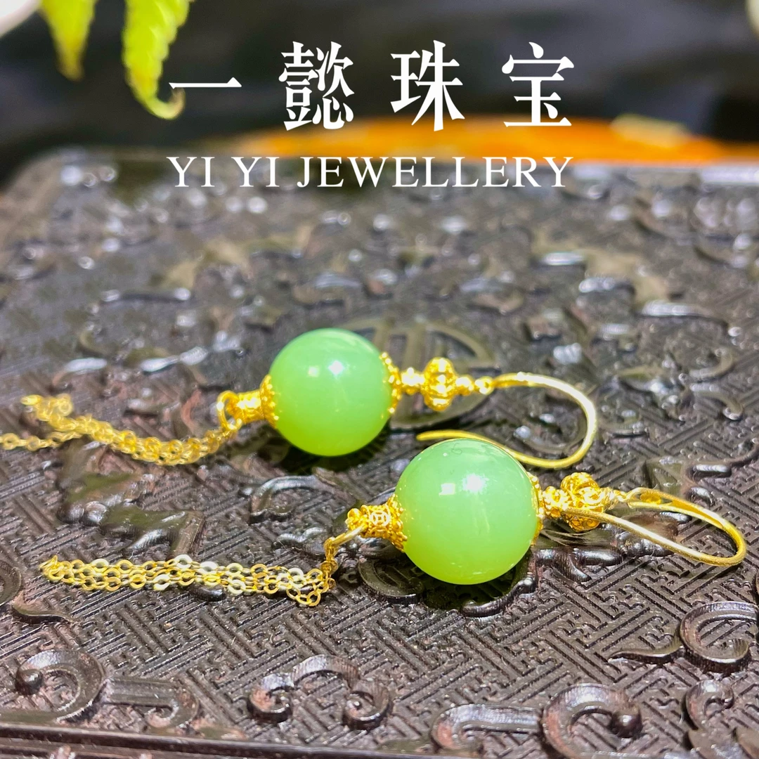 【一懿珠宝】青山黛/18K金镶嵌和田玉翠青耳坠耳钩精致时尚cq021