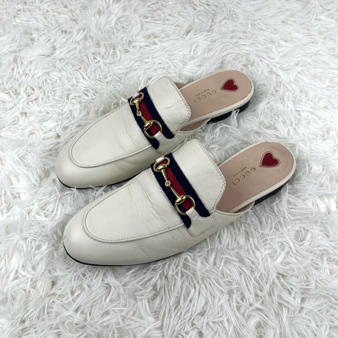95新 GUCCI/古驰 （福利）马衔扣穆勒半拖米白色 39码 12466690