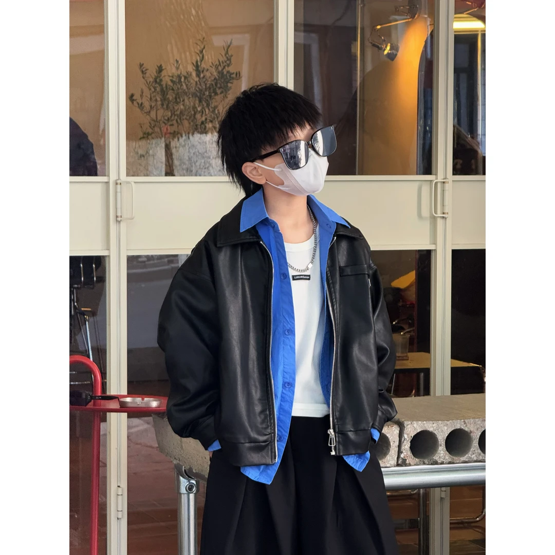 现货THE LUHAN【帅气硬朗】春秋潮酷亲子装中大童韩系皮衣外套25076