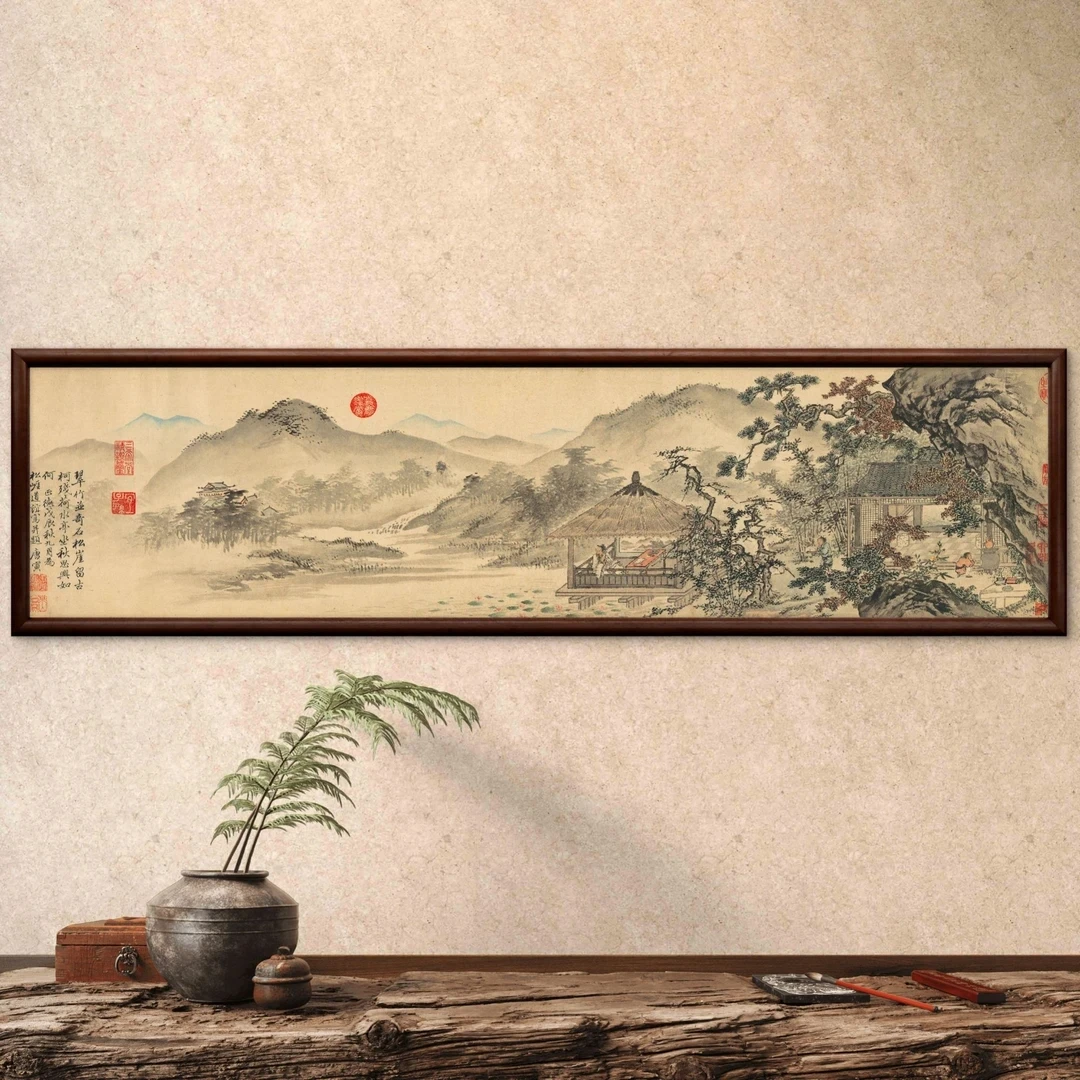 132-40*150松崖别业图中式实木框办公室玄关书房茶室客厅挂画