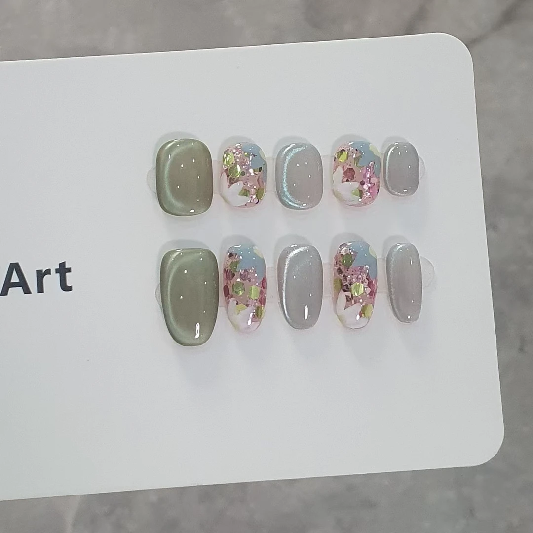 新款绿色玻璃珠猫眼手绘雕花美甲成品手工穿戴甲可拆卸