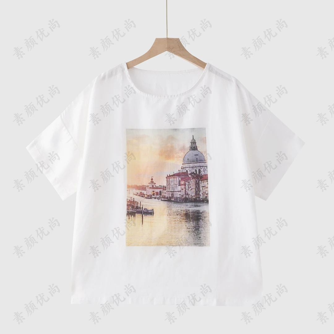 【素颜】2025春夏新款百搭落日晚霞色织麻短袖上衣