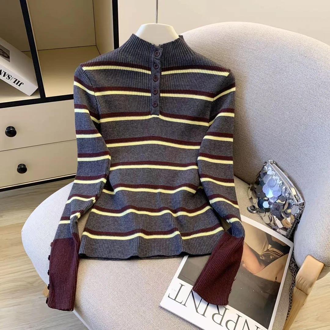 毛衣长袖时尚秋冬季新款半纽扣立领撞色条纹细羊毛针织衫女上衣潮