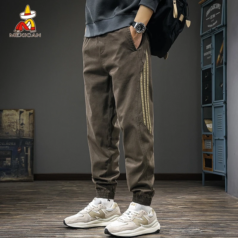 Mexican/稻草人美式复古条纹休闲裤男款春季宽松长裤潮牌束脚裤子