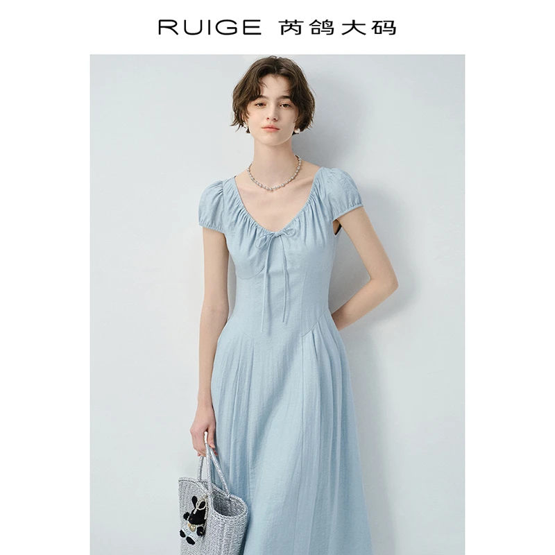 芮鸽微胖定制法式V领收腰A字短袖连衣裙显瘦蝴蝶结胖mm裙子00239