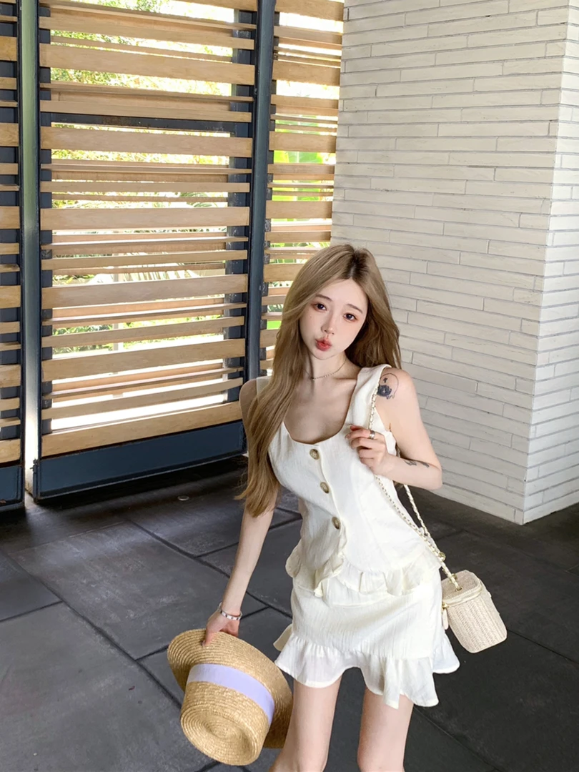 夏季性感荷叶边修身显瘦衬衫上衣+包臀半身裙安全裤裙两件套女