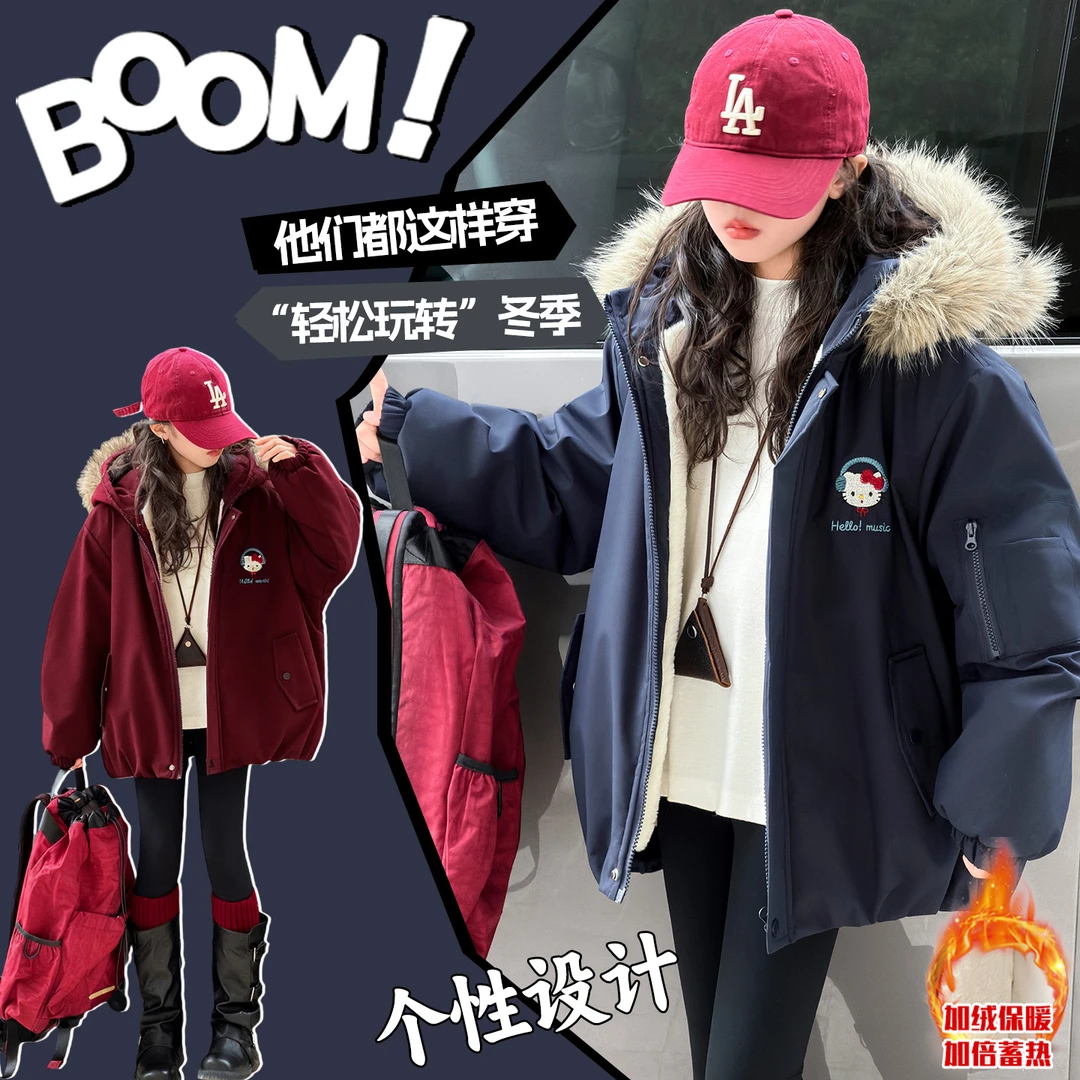 女童卡通动漫猫咪秋冬拉链外套2025新款洋气加绒加厚猫毛领派克服