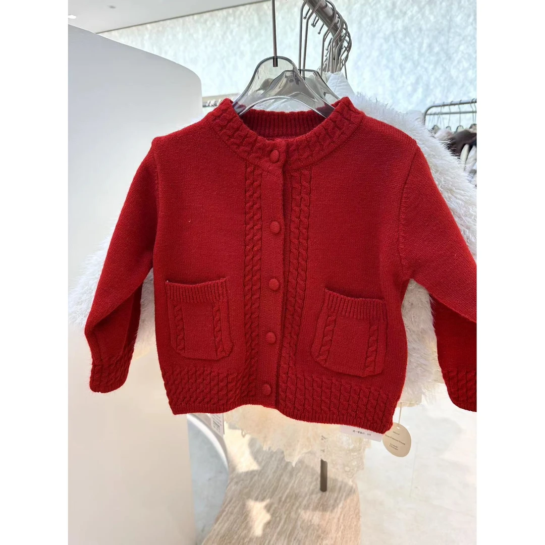 【恩姐定制】冬季童装加厚女童百搭气质儿童开衫圆领毛衣EN25721