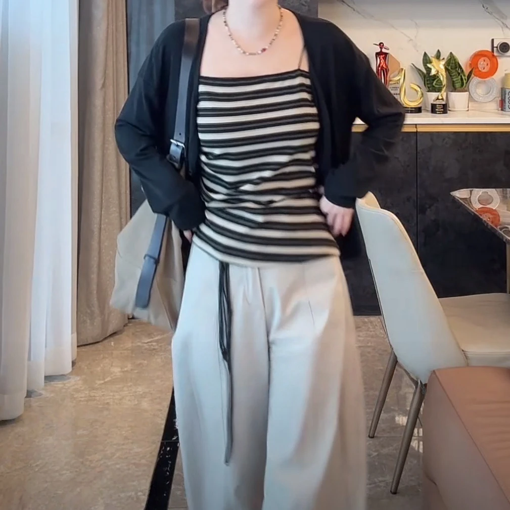设计感时尚撞色条纹不规则吊带背心女2025夏季新款小众百搭上衣