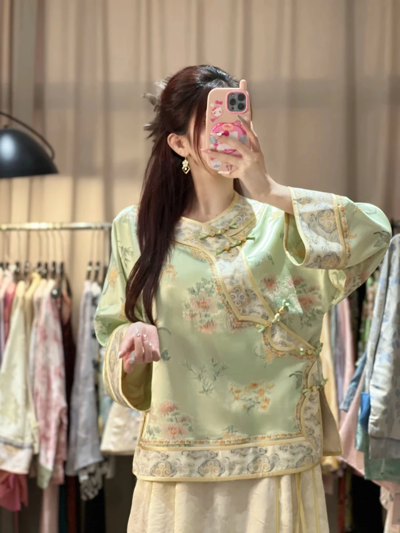 知雨前【春知意】新中式外套女真丝重缎冠乐缎斜襟开衫拼接上衣春秋