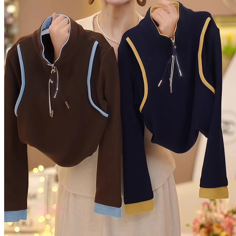 女童拼色打底衫2025新款秋冬款假两件卫衣内搭上衣保暖半拉链长袖