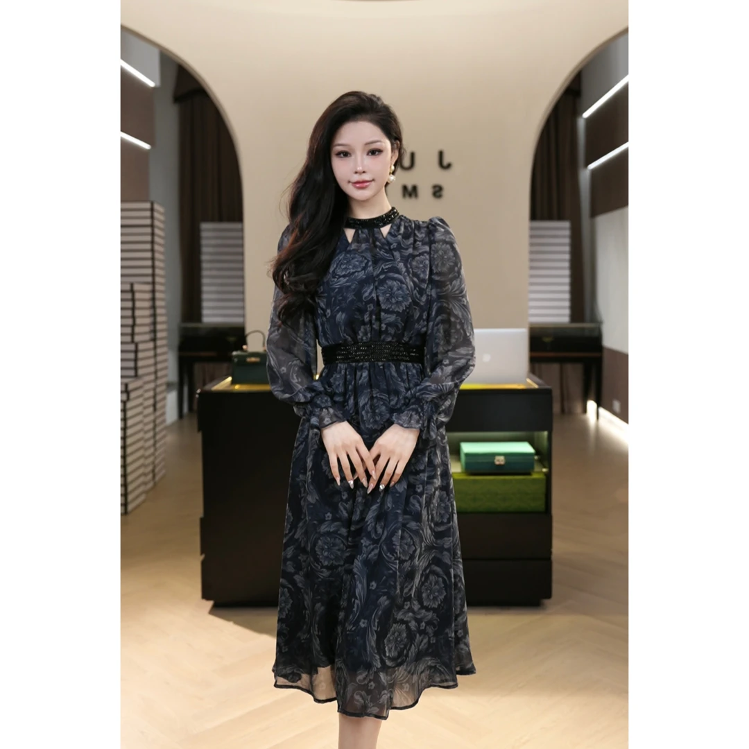 现货2025秋冬新款【DD-6210】设计感小众气质碎花复古连衣裙子