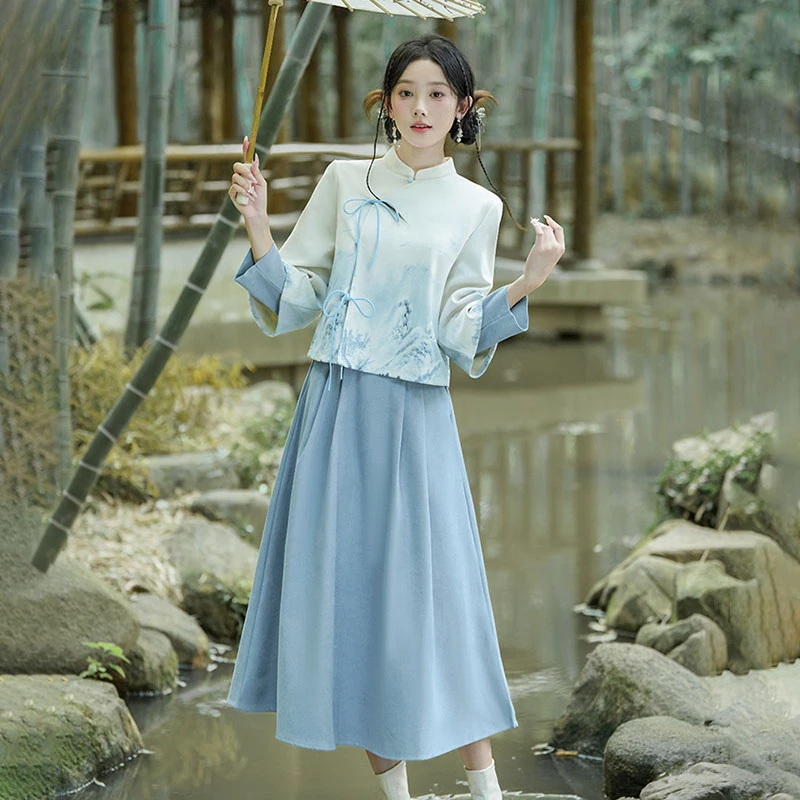 汉元素改良日常汉服双袖唐装气质宽松旗袍两件套女新中式茶艺服秋