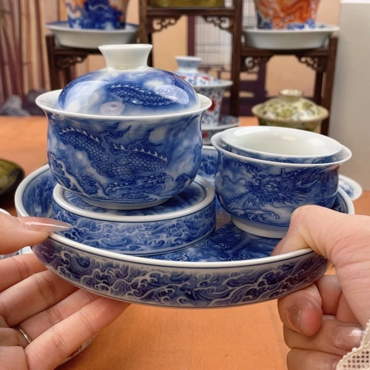 摆件陶青花龙吸水五件套