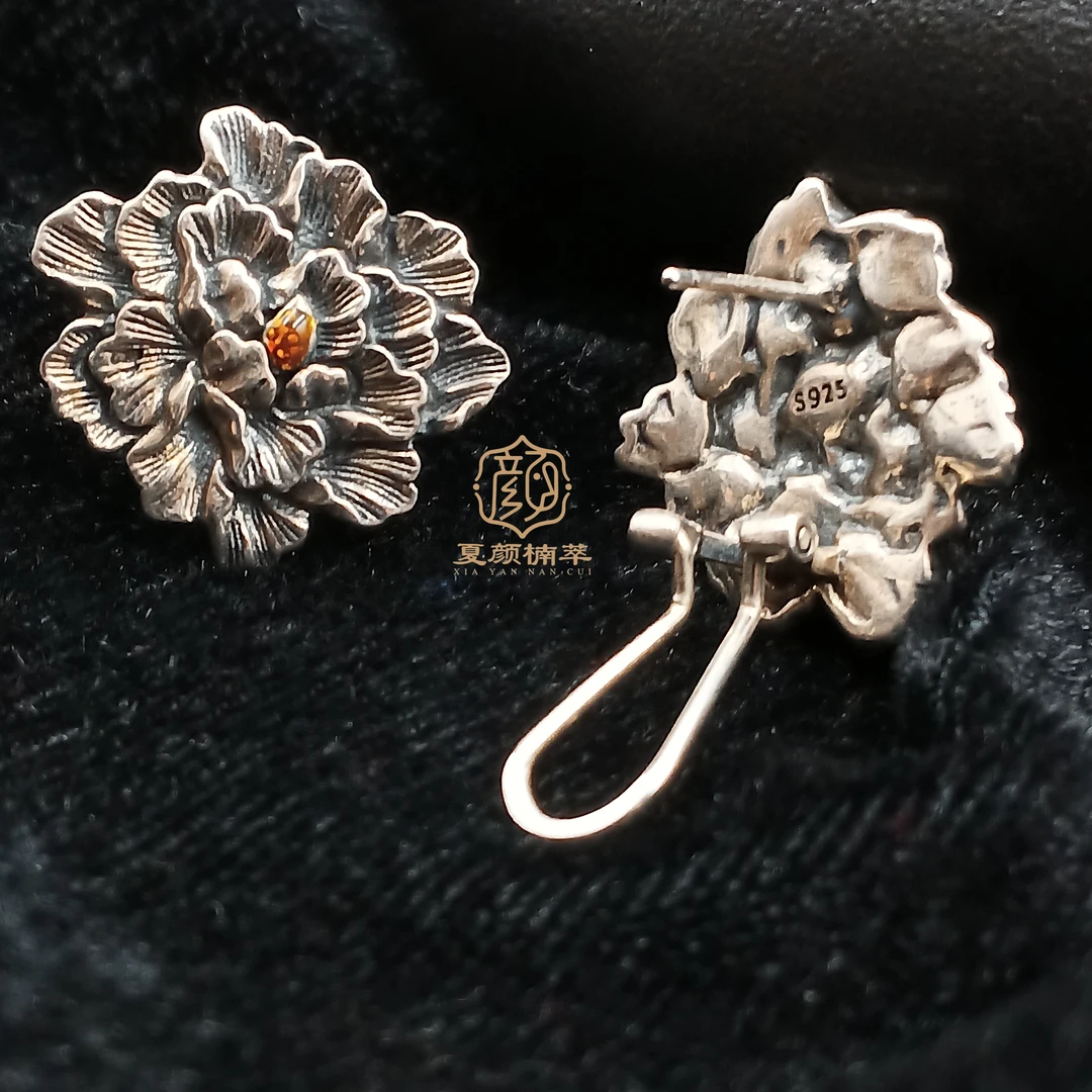 925银耳饰 【夏颜楠萃】精工牡丹花耳扣 国风 时尚 大气