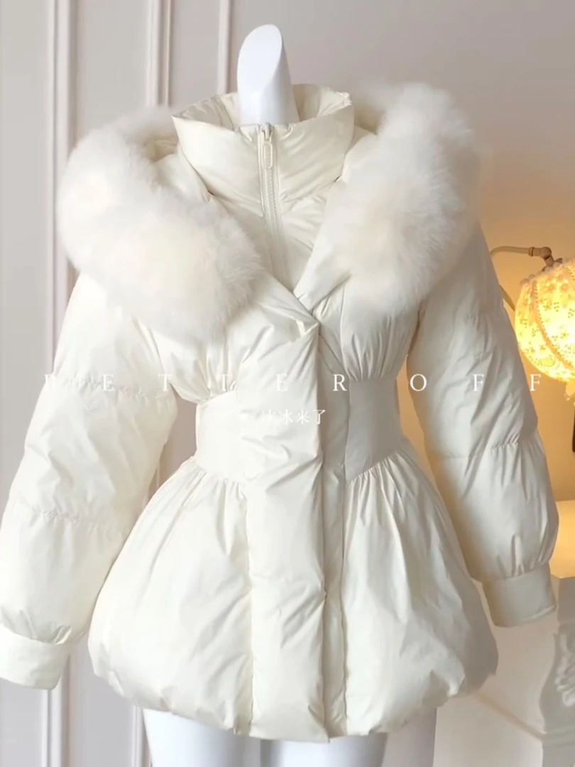 白色简约百搭高级感收腰毛领棉服女2026冬季中长款保暖通勤外套女