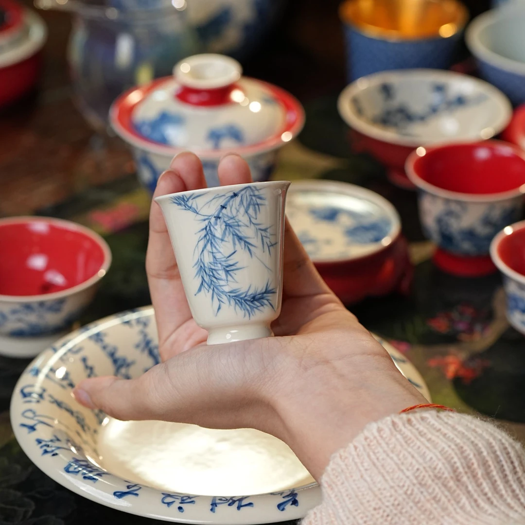 雨香斋景德镇高温纯手工手绘柿子红竹子高脚闻香杯