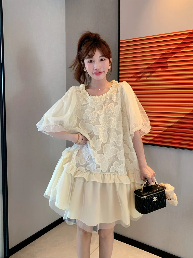 JENNIFER JXLIU韩版宫廷风米杏色泡泡袖蝴蝶结蕾丝蓬蓬短裙连衣裙