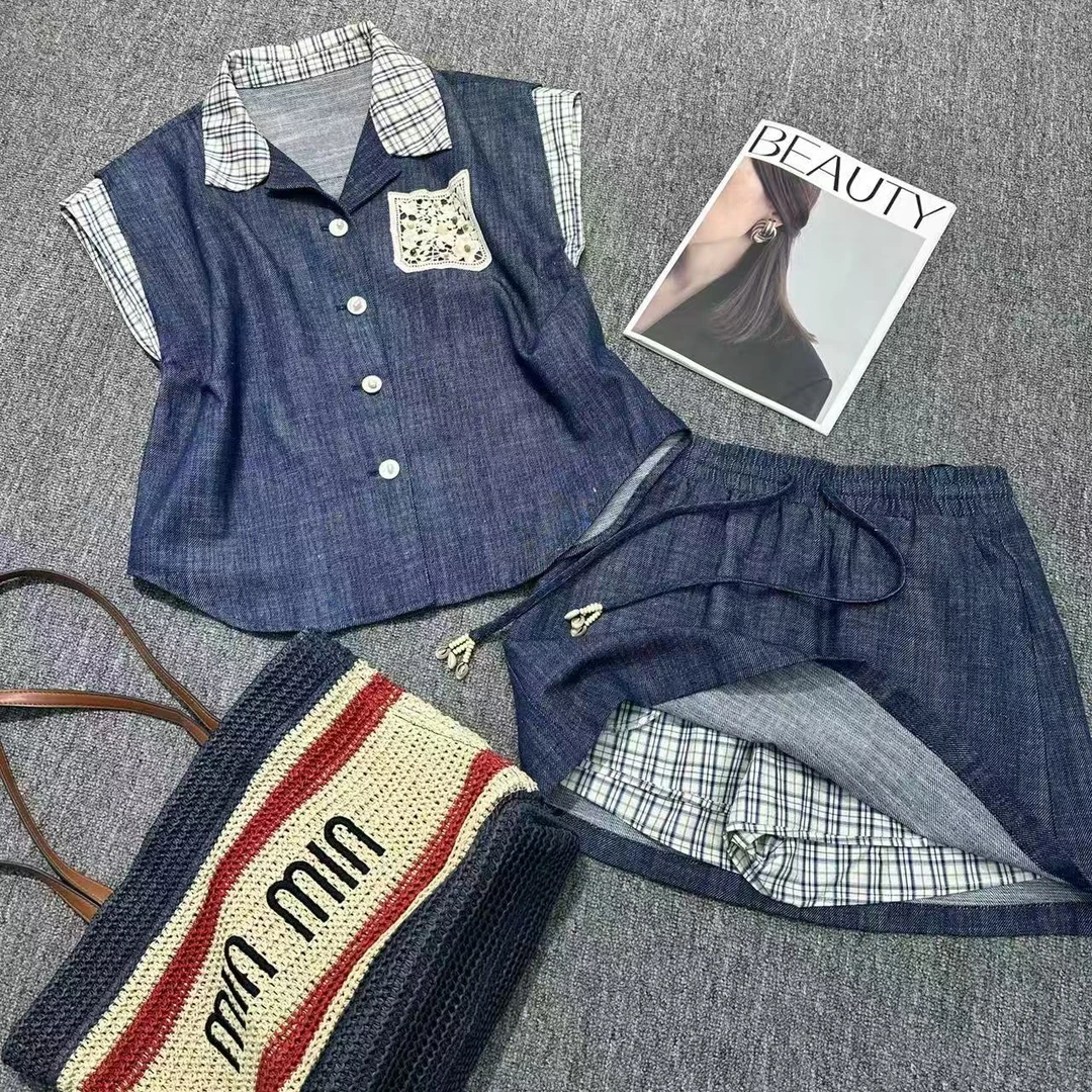 KIKI严选：1117-1-多米家欧货南油夏季格子领衬衫抽绳短裙两件套