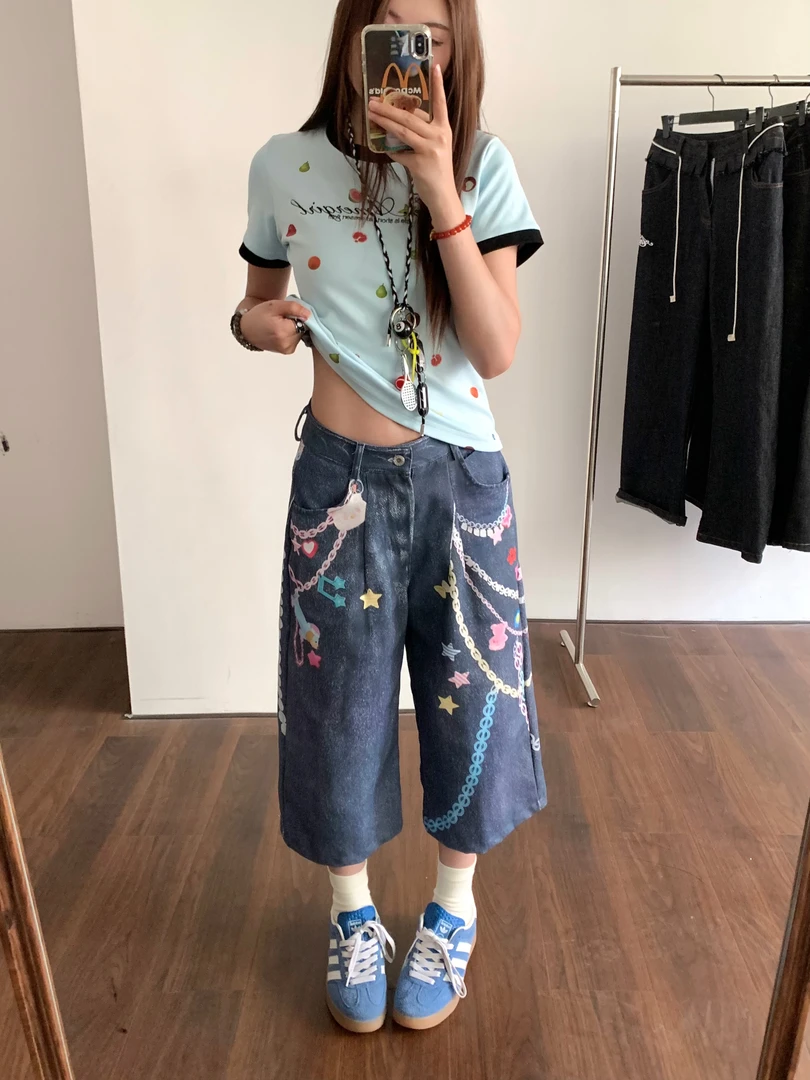 AMER 国潮链条打印印花美式休闲重工水洗百搭短裤