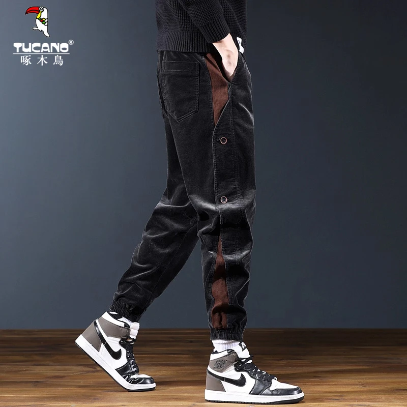 啄木鸟雷茨高端拼接灯芯绒裤春季宽松大码潮牌束脚裤男士休闲裤